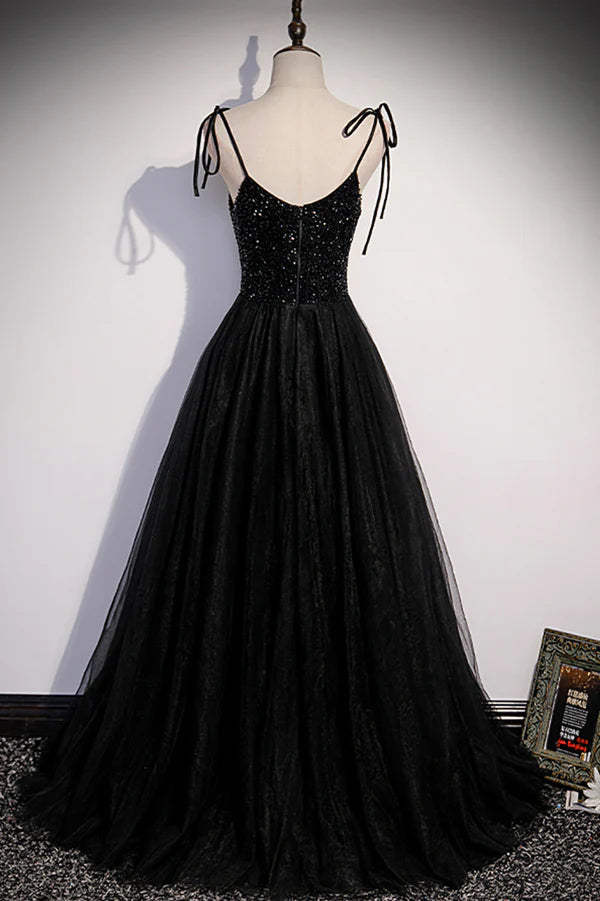 Wholesale Black Tulle Beaded Long Prom Dress A-Line Spaghetti Straps Evening Dress