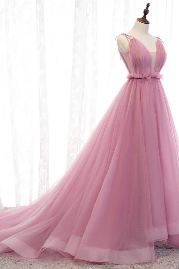 Wholesale Pink V-Neck Tulle Long Prom Dress A-Line Formal Evening Dress