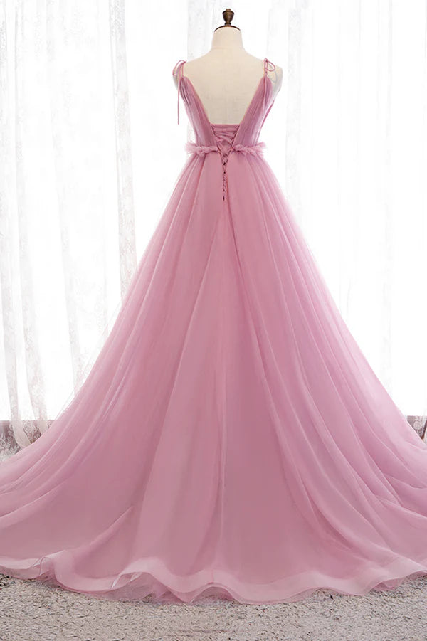 Wholesale Pink V-Neck Tulle Long Prom Dress A-Line Formal Evening Dress