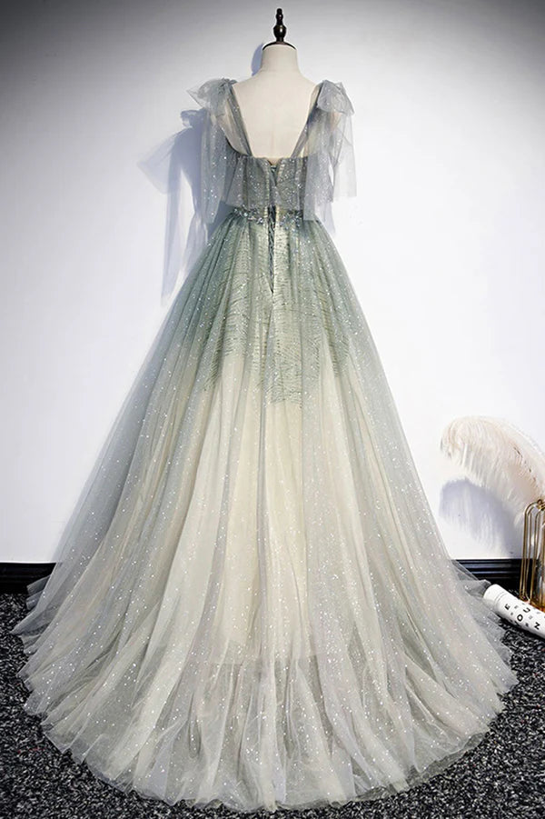 Wholesale Green Shiny Tulle Long Formal Evening Dress A-Line Graduation Dress
