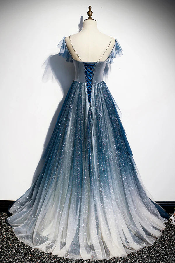Wholesale Blue Tulle Beading Long A-Line Prom Dress Scoop Neckline Evening Dress
