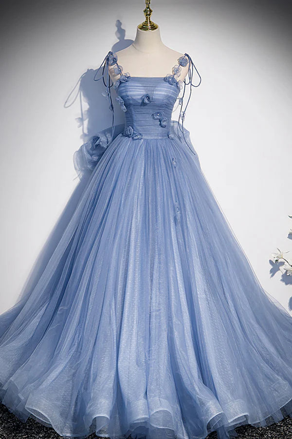 Wholesale Blue Tulle Long A-Line Prom Dress Blue Spaghetti Straps Party Dress with Bow