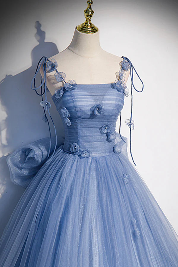 Wholesale Blue Tulle Long A-Line Prom Dress Blue Spaghetti Straps Party Dress with Bow