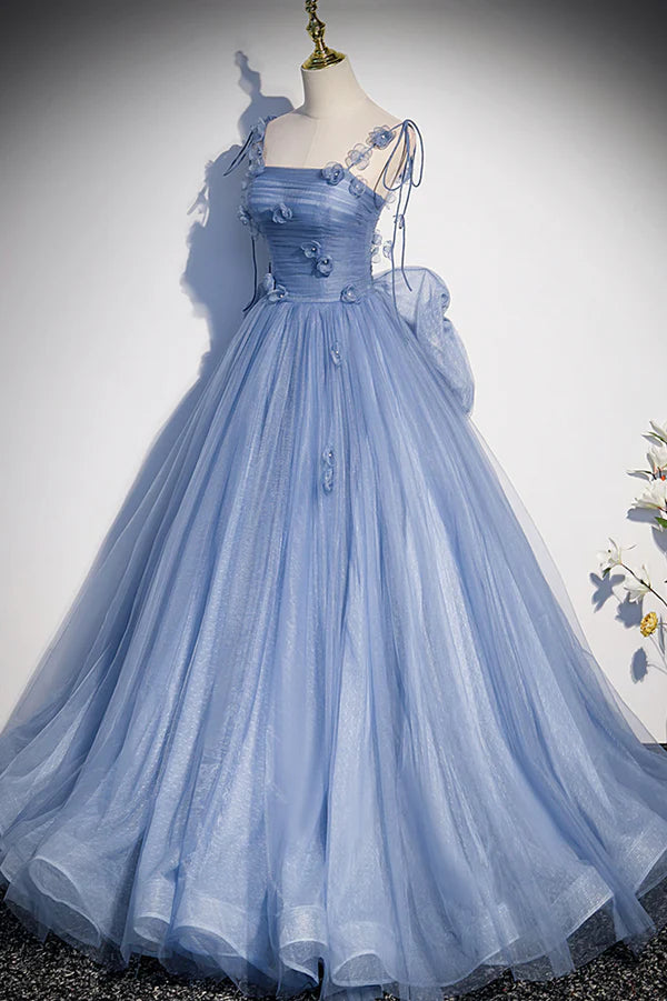 Wholesale Blue Tulle Long A-Line Prom Dress Blue Spaghetti Straps Party Dress with Bow