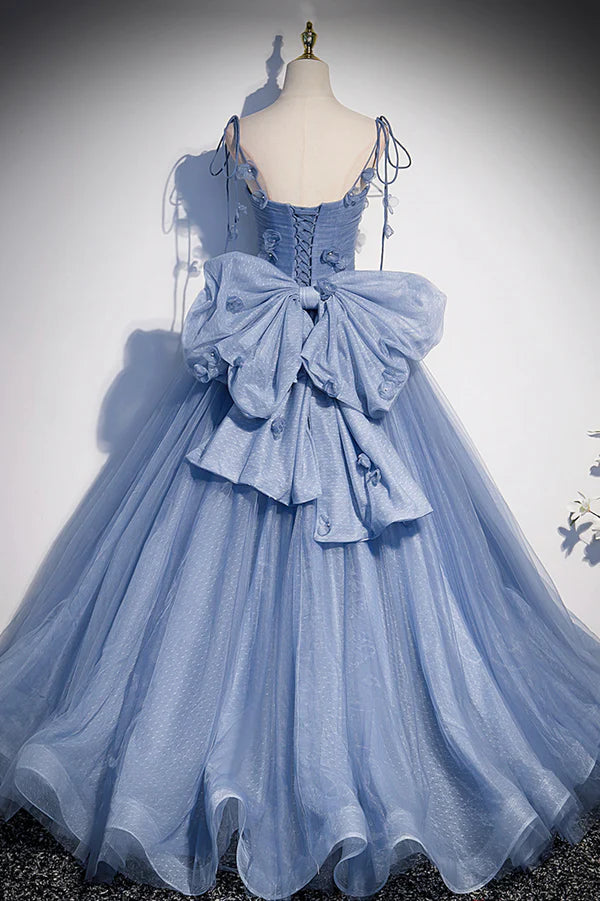 Wholesale Blue Tulle Long A-Line Prom Dress Blue Spaghetti Straps Party Dress with Bow