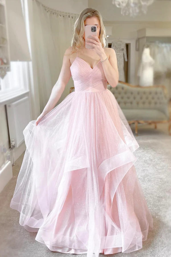 Wholesale Pink Tulle Long A-Line Prom Dress Pink V-Neck Graduation Dress