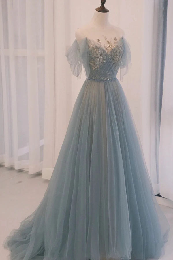Wholesale Blue Tulle Sequins Long Prom Dress A-Line Scoop Neckline Party Dress
