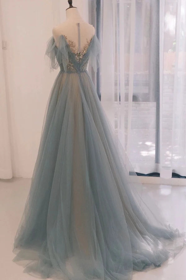 Wholesale Blue Tulle Sequins Long Prom Dress A-Line Scoop Neckline Party Dress