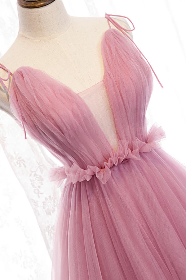 Wholesale Pink V-Neck Tulle Long Prom Dress A-Line Formal Evening Dress