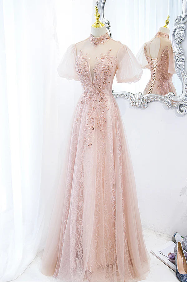 Wholesale Pink Tulle Long A-Line Prom Dress Pink Short Sleeve Evening Party Dress
