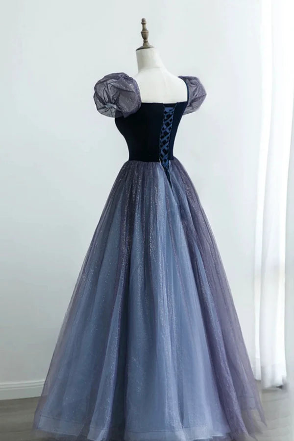 Wholesale A-Line Velvet Tulle Long Prom Dress Cute Short Sleeve Evening Party Dress