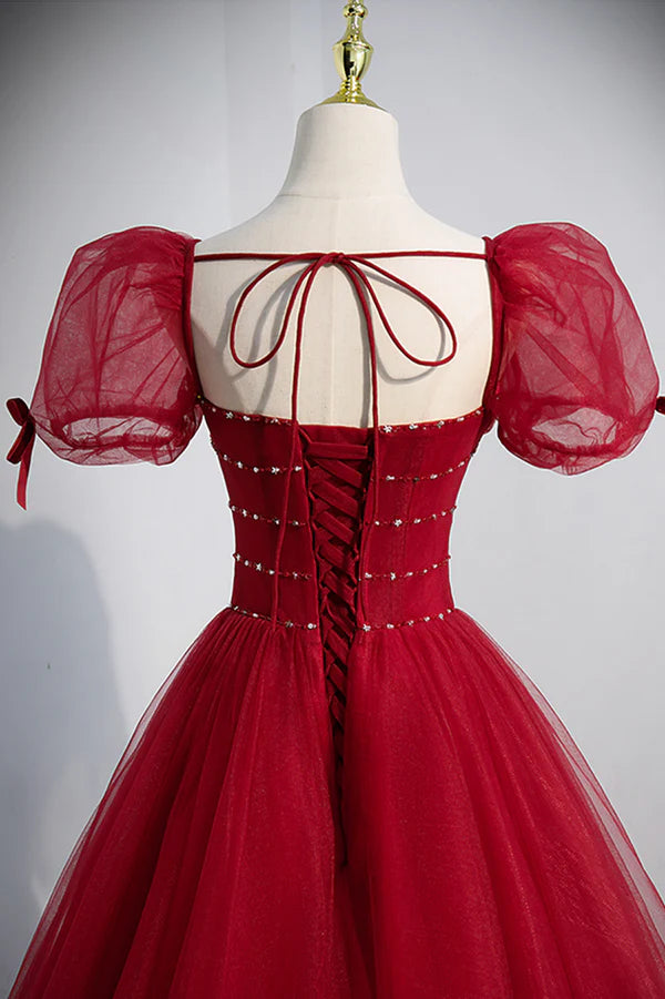 Wholesale Red Tulle Floor Length Evening Party Dress Red Short Sleeve Graduation Dress