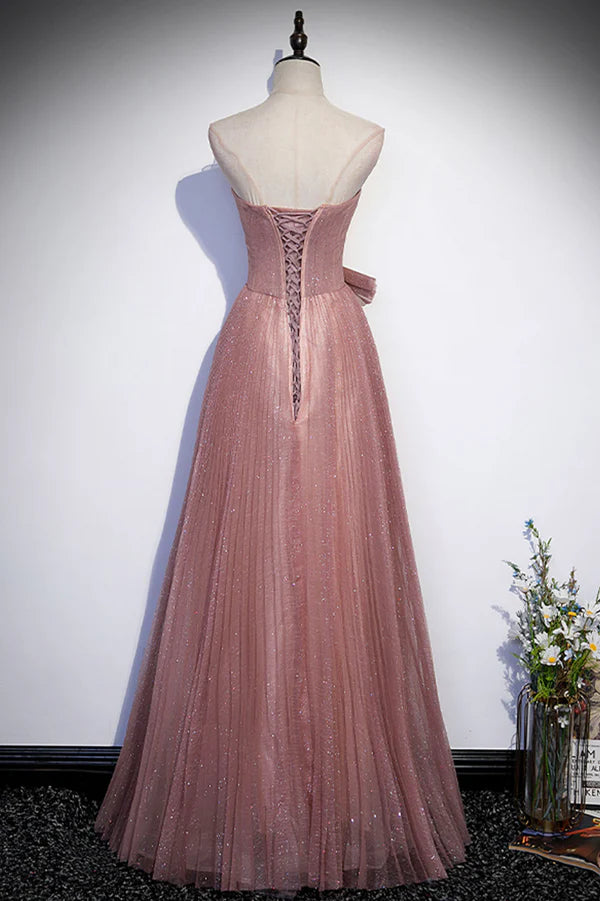 Wholesale Pink Shiny Tulle Long A-Line Prom Dress Lovely Strapless Evening Dress