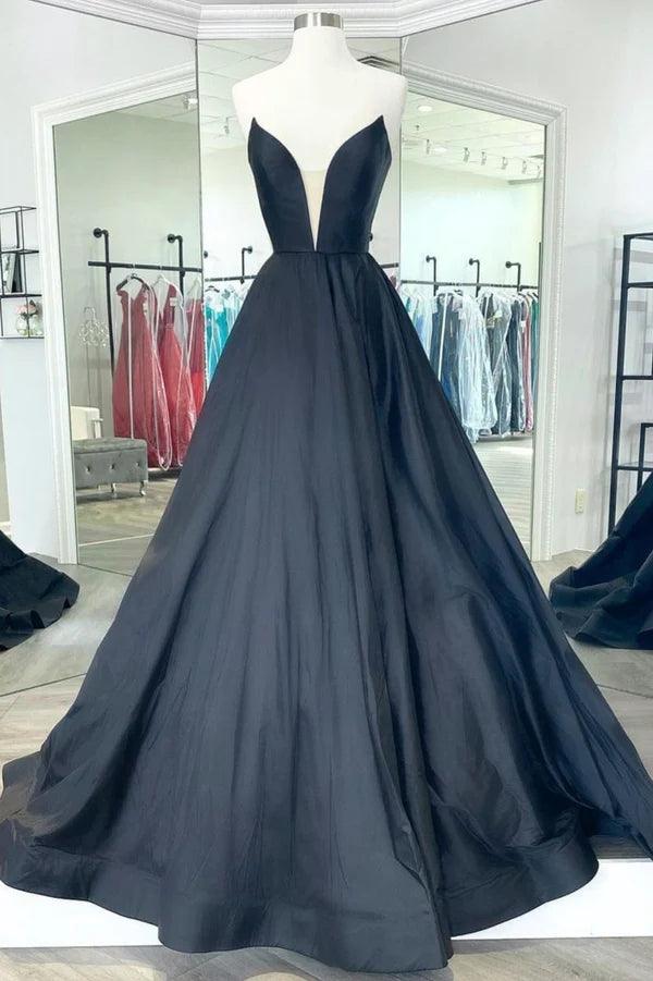 Wholesale Black Strapless Satin Long Prom Dress Black A-Line Evening Dress