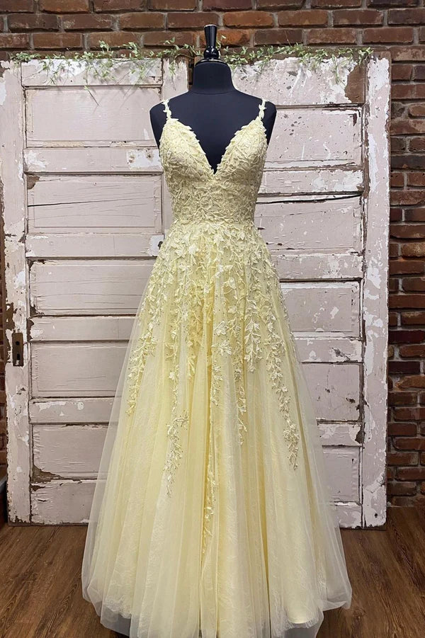 Wholesale Yellow V-Neck Lace Long Prom Dress A-Line Spaghetti Straps Evening Dress