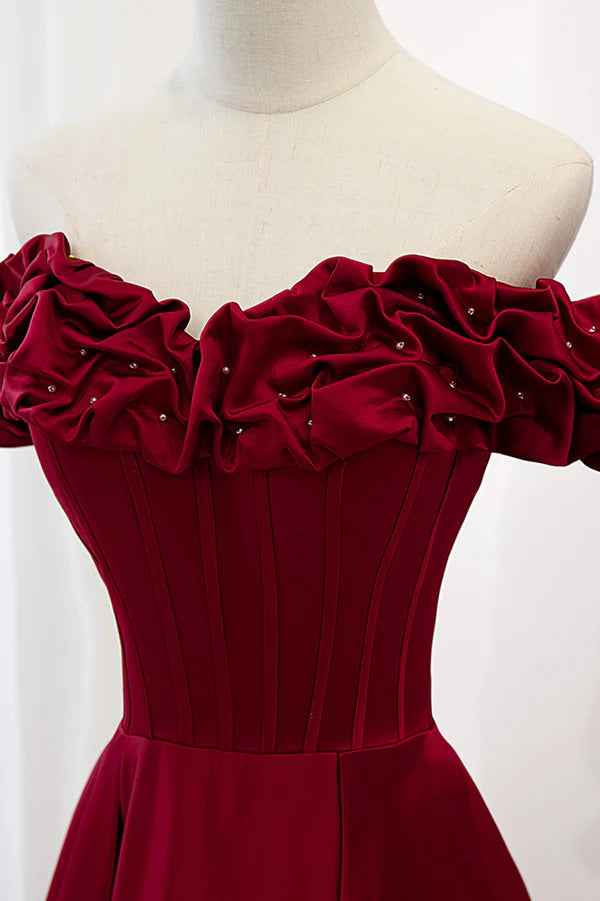 Wholesale Burgundy Satin Off the Shoulder Beaded Long Formal Dress Burgundy A-Line Prom Dress