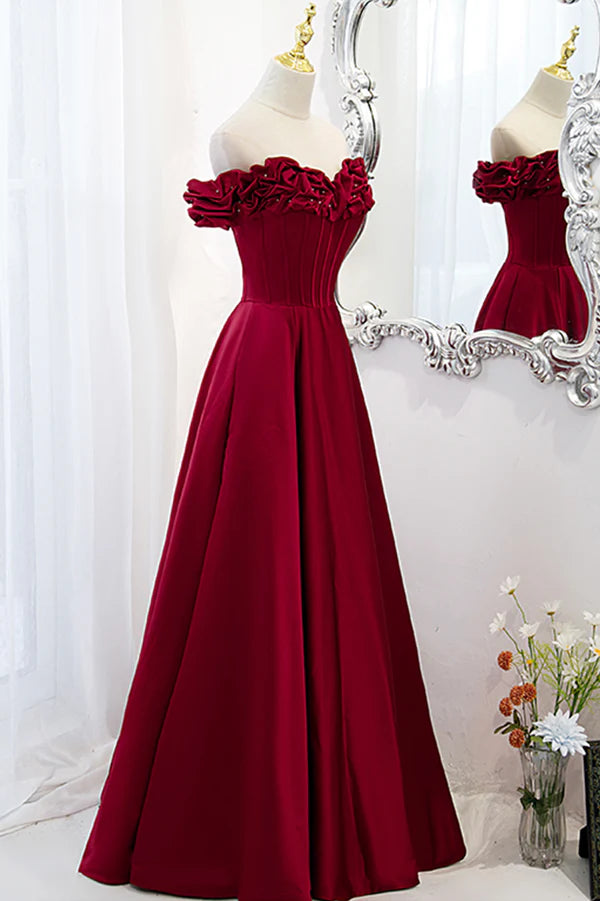 Wholesale Burgundy Satin Off the Shoulder Beaded Long Formal Dress Burgundy A-Line Prom Dress