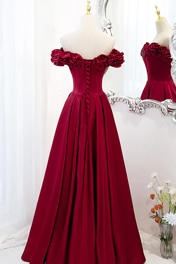 Wholesale Burgundy Satin Off the Shoulder Beaded Long Formal Dress Burgundy A-Line Prom Dress