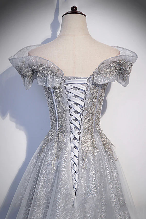 Wholesale Gray Tulle Beaded Long A-Line Prom Dress Cute Evening Party Dress