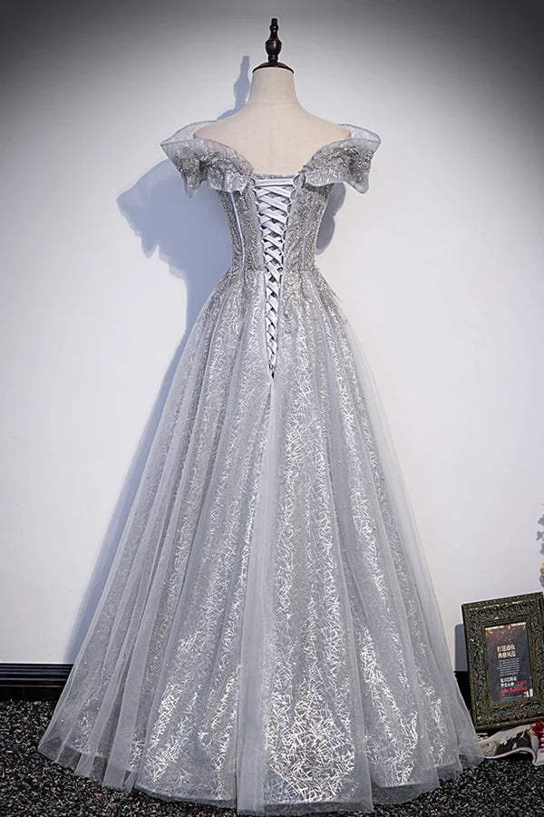 Wholesale Gray Tulle Beaded Long A-Line Prom Dress Cute Evening Party Dress