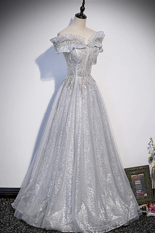 Wholesale Gray Tulle Beaded Long A-Line Prom Dress Cute Evening Party Dress