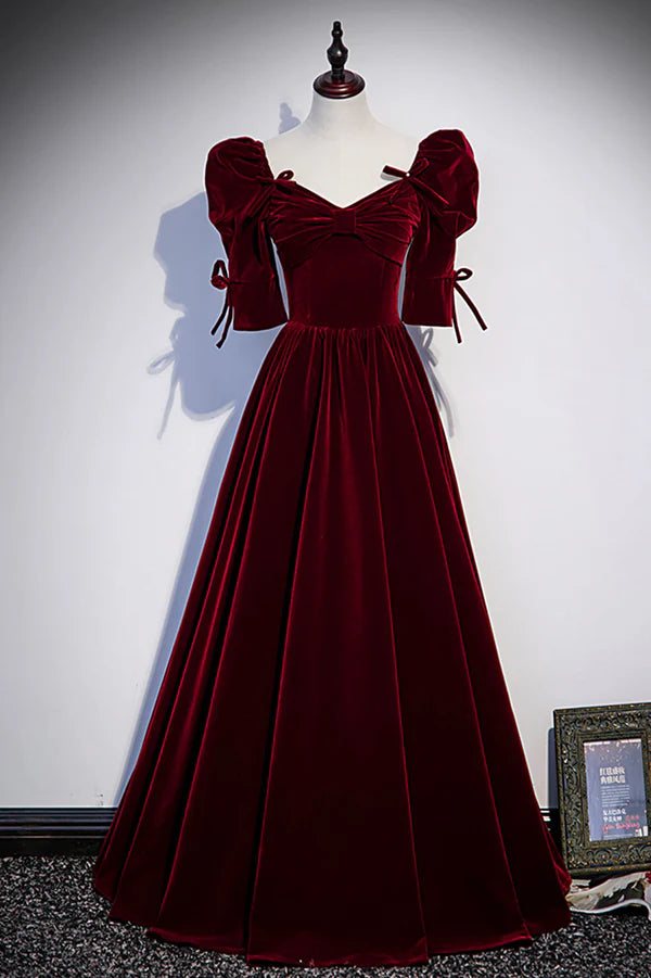 Wholesale Burgundy Velvet Long Evening Party Dress A-Line Short Sleeve Prom Dress