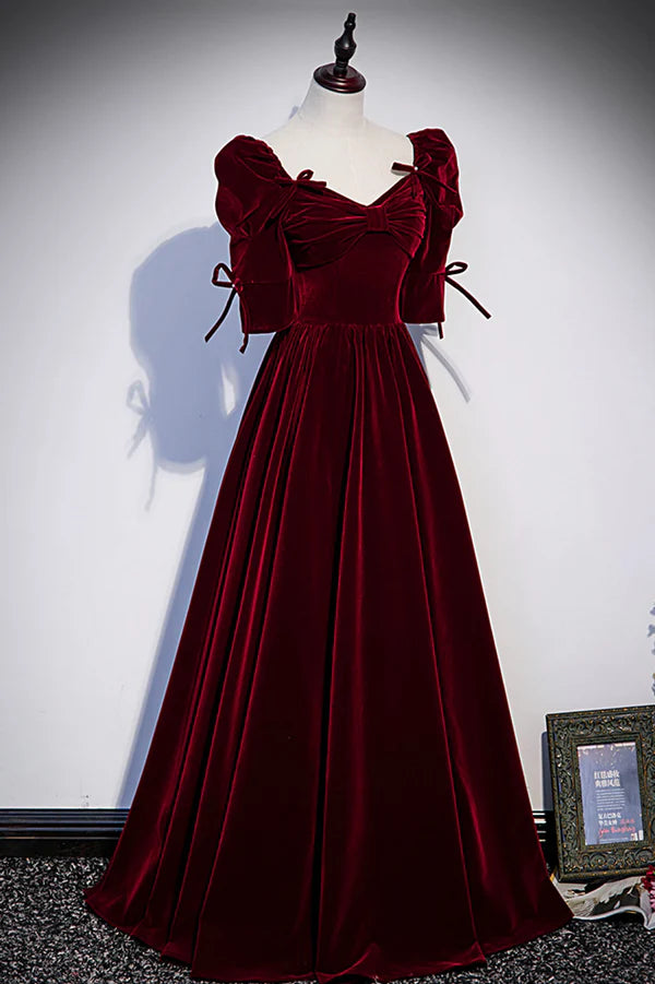 Wholesale Burgundy Velvet Long Evening Party Dress A-Line Short Sleeve Prom Dress