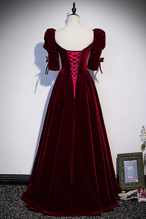 Wholesale Burgundy Velvet Long Evening Party Dress A-Line Short Sleeve Prom Dress