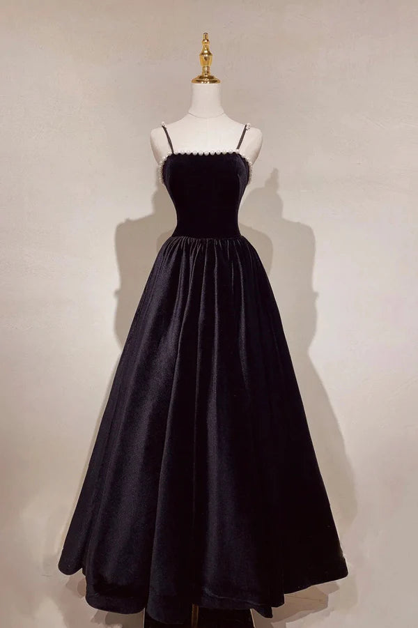 Wholesale Black Velvet Long Prom Dress with Pearls Black Spaghetti Straps Evening Party Dress