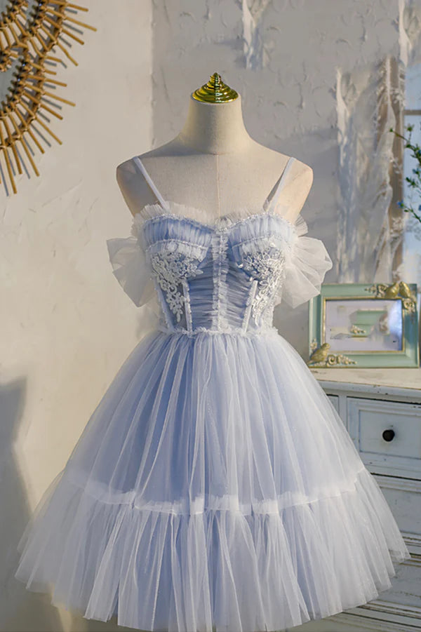 Wholesale Blue Lace Short A-Line Prom Dress Blue Spaghetti Straps Homecoming Party Dress