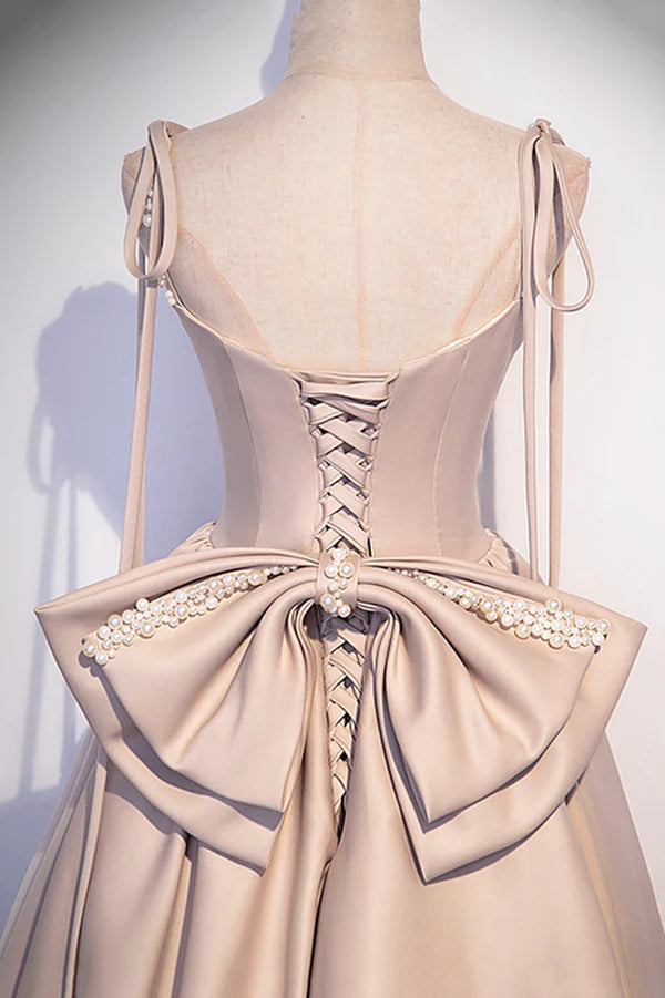 Wholesale Pink Satin Long A-Line Prom Dress Cute Spaghetti Strap Evening Dress with Bow