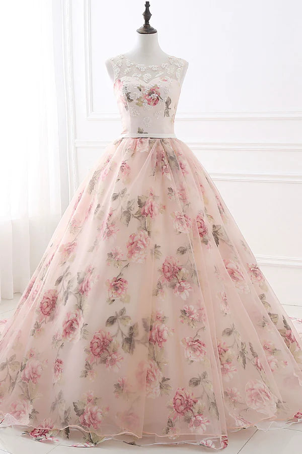 Wholesale Cute Floral Long Prom Dress with Lace A-Line Scoop Neckline Party Dress
