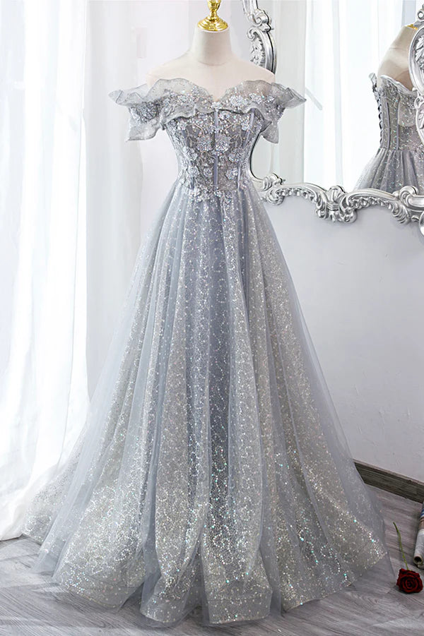 Wholesale Gray Tulle Sequins Long A-Line Prom Dress Beautiful Off the Shoulder Graduation Dress