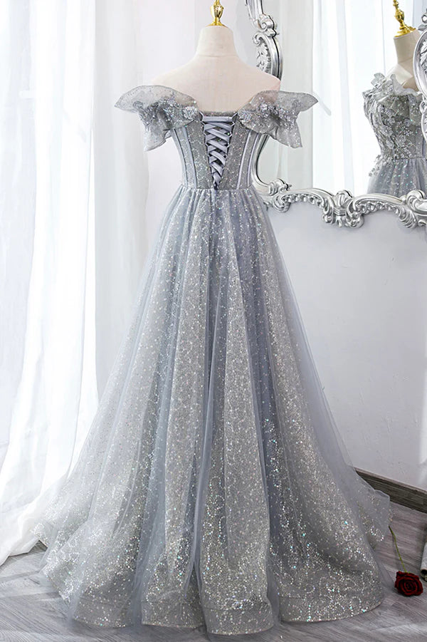 Wholesale Gray Tulle Sequins Long A-Line Prom Dress Beautiful Off the Shoulder Graduation Dress