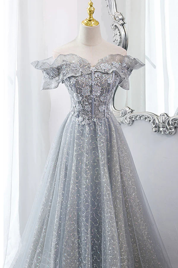 Wholesale Gray Tulle Sequins Long A-Line Prom Dress Beautiful Off the Shoulder Graduation Dress
