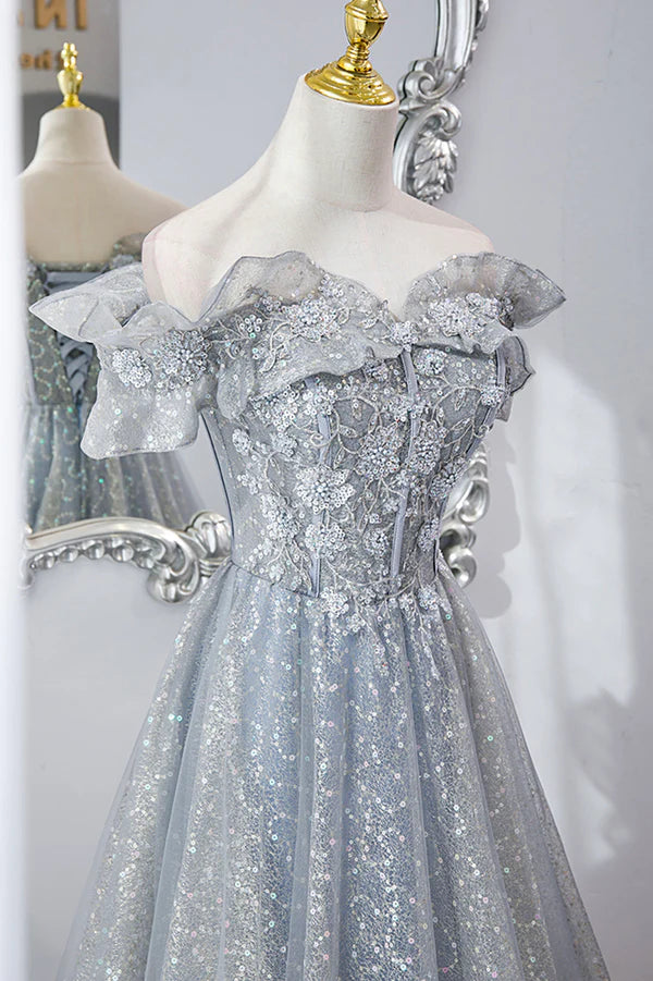 Wholesale Gray Tulle Sequins Long A-Line Prom Dress Beautiful Off the Shoulder Graduation Dress