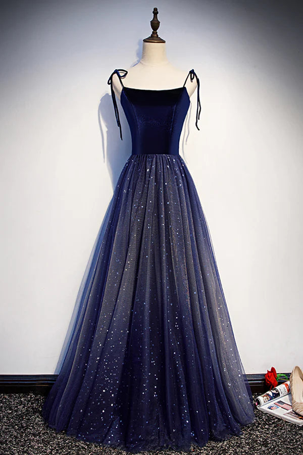 Wholesale Blue Tulle Long A-Line Prom Dress Blue Spaghetti Strap Evening Party Dress