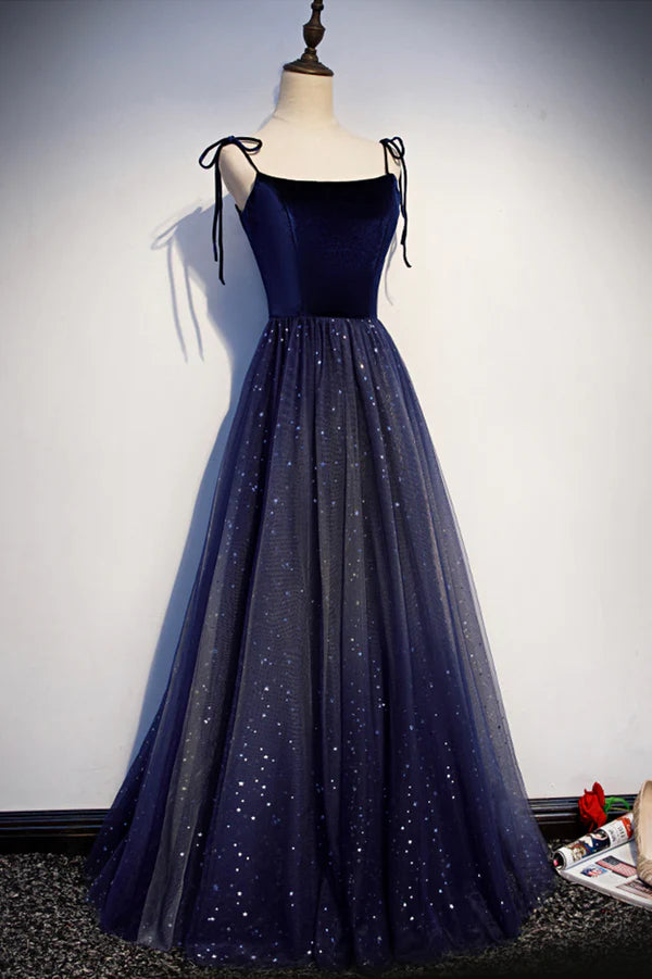 Wholesale Blue Tulle Long A-Line Prom Dress Blue Spaghetti Strap Evening Party Dress