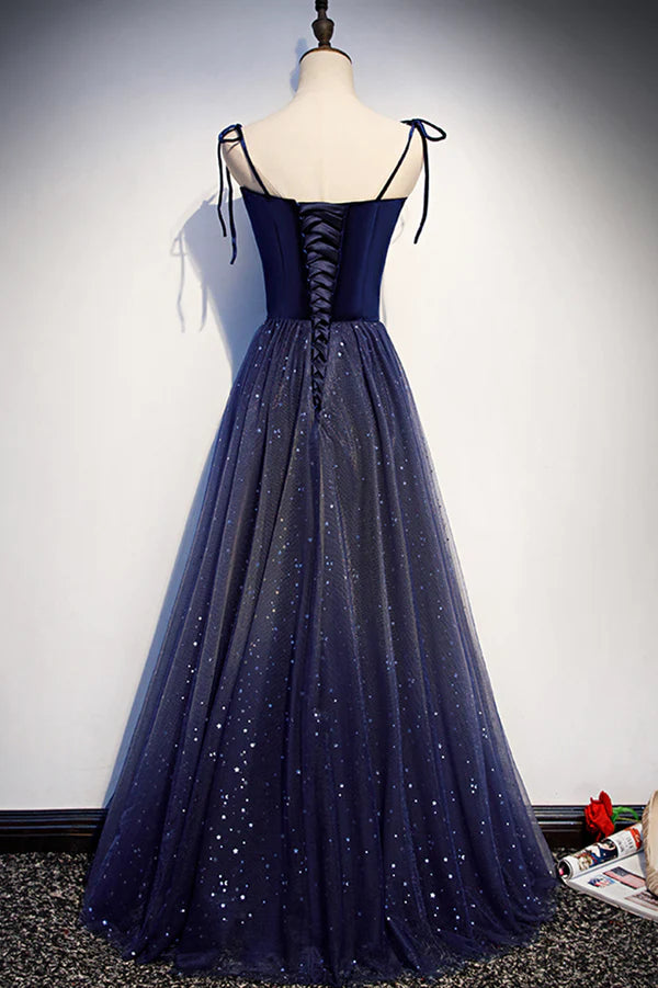 Wholesale Blue Tulle Long A-Line Prom Dress Blue Spaghetti Strap Evening Party Dress
