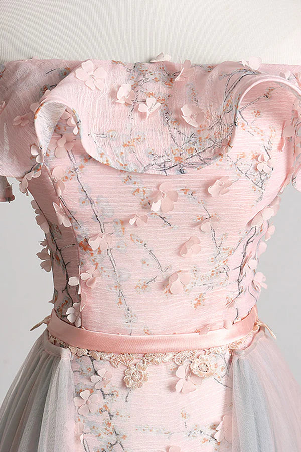 Wholesale Pink Tulle Long A-Line Prom Dress with Train Off the Shoulder Formal Evening Dress