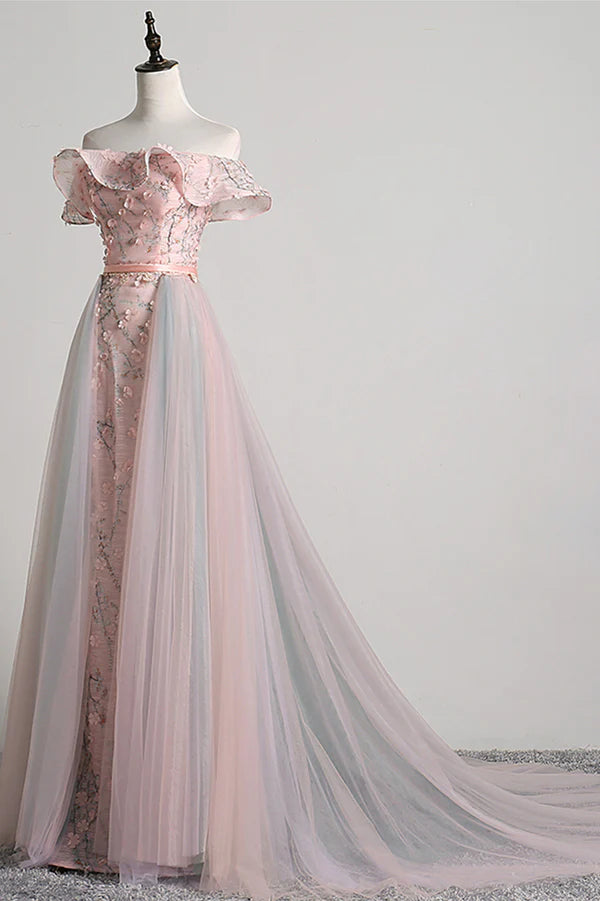 Wholesale Pink Tulle Long A-Line Prom Dress with Train Off the Shoulder Formal Evening Dress