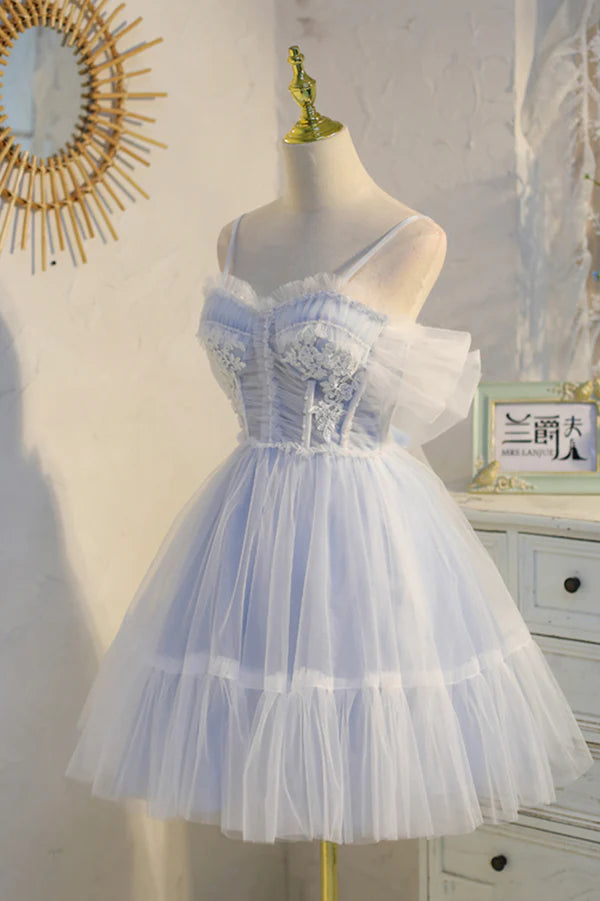 Wholesale Blue Lace Short A-Line Prom Dress Blue Spaghetti Straps Homecoming Party Dress