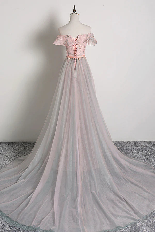 Wholesale Pink Tulle Long A-Line Prom Dress with Train Off the Shoulder Formal Evening Dress