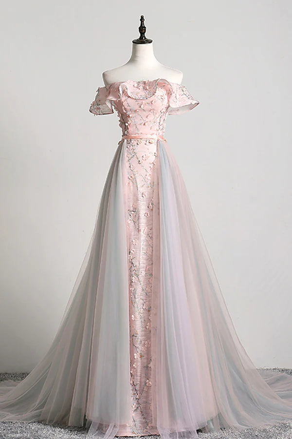 Wholesale Pink Tulle Long A-Line Prom Dress with Train Off the Shoulder Formal Evening Dress