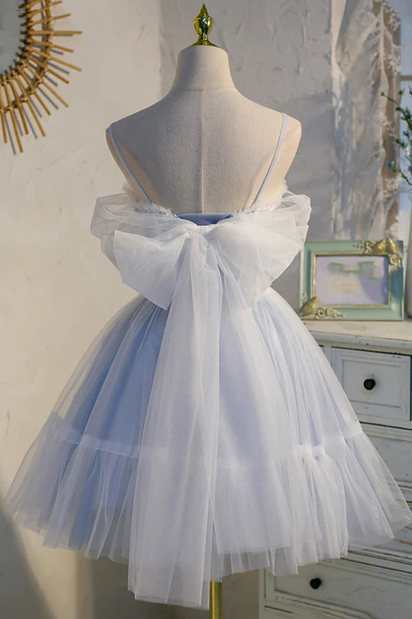 Wholesale Blue Lace Short A-Line Prom Dress Blue Spaghetti Straps Homecoming Party Dress