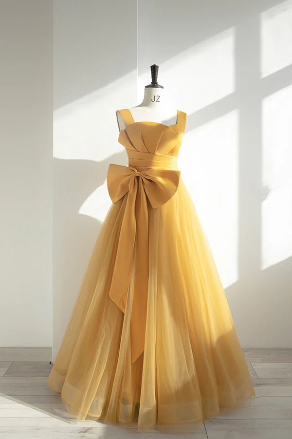 Wholesale Yellow Tulle Long A-Line Prom Dress Cute Evening Dress with Bow