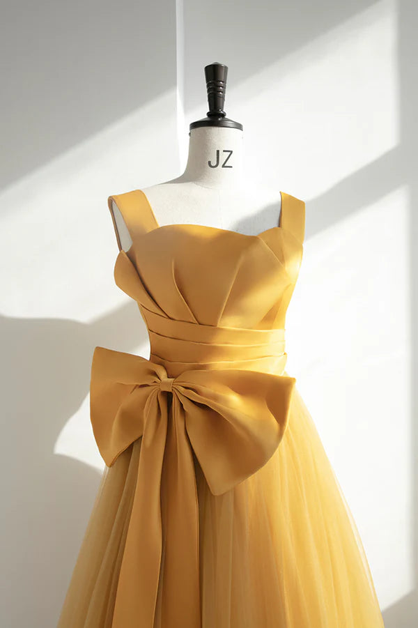 Wholesale Yellow Tulle Long A-Line Prom Dress Cute Evening Dress with Bow