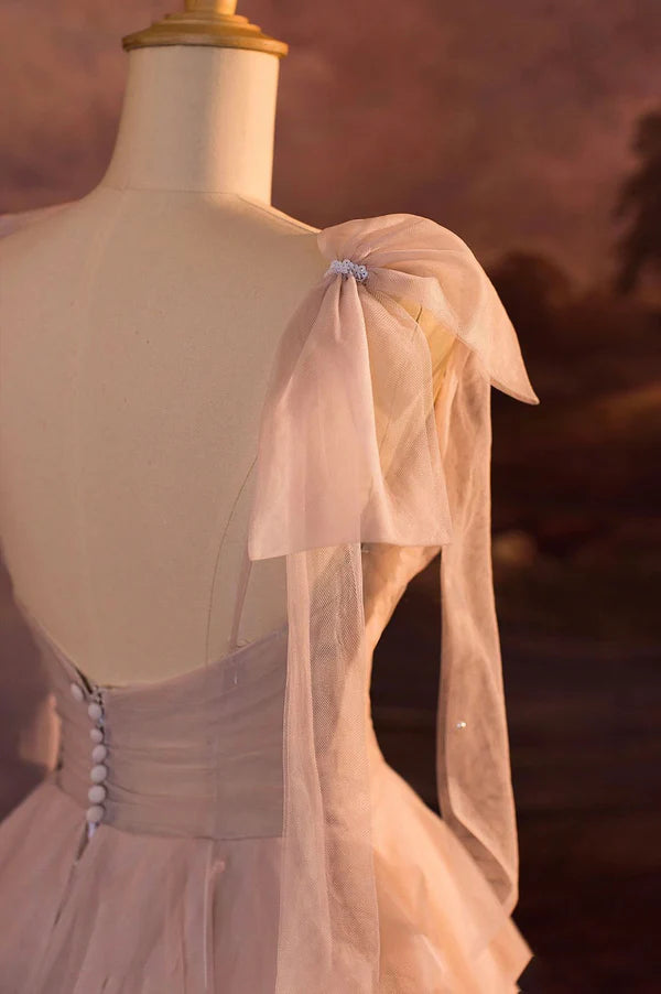 Wholesale A-Line Tulle Layers Long Formal Dress Spaghetti Straps Party Dress with Bow