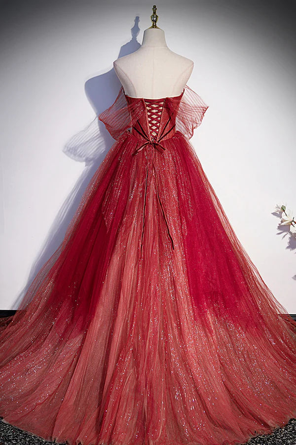 Wholesale Burgundy Tulle Strapless Floor Length Prom Dress A-Line Evening Graduation Dress