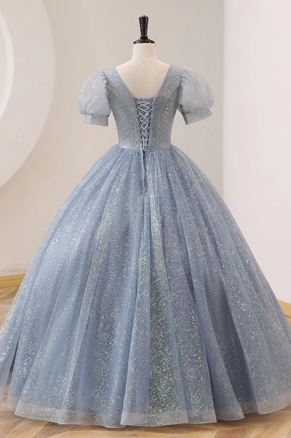 Wholesale Blue Tulle Long A-Line Prom Dress V-Neck Short Sleeve Evening Dress